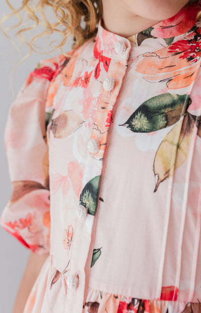 Doily applique peach voile midi dress by Petite Amalie