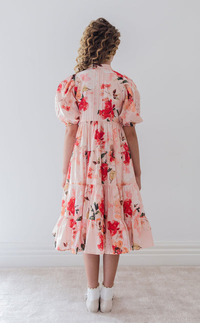Doily applique peach voile midi dress by Petite Amalie