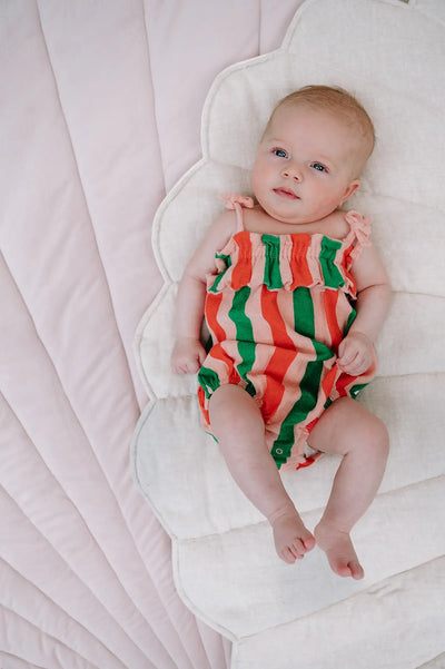 Coral stripe ruffle romper by Sproet & Sprout