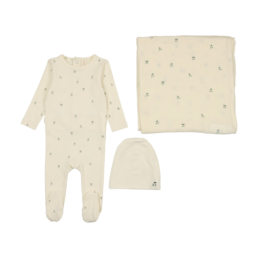 Scattered cherry ivory/mint layette set by Lilette