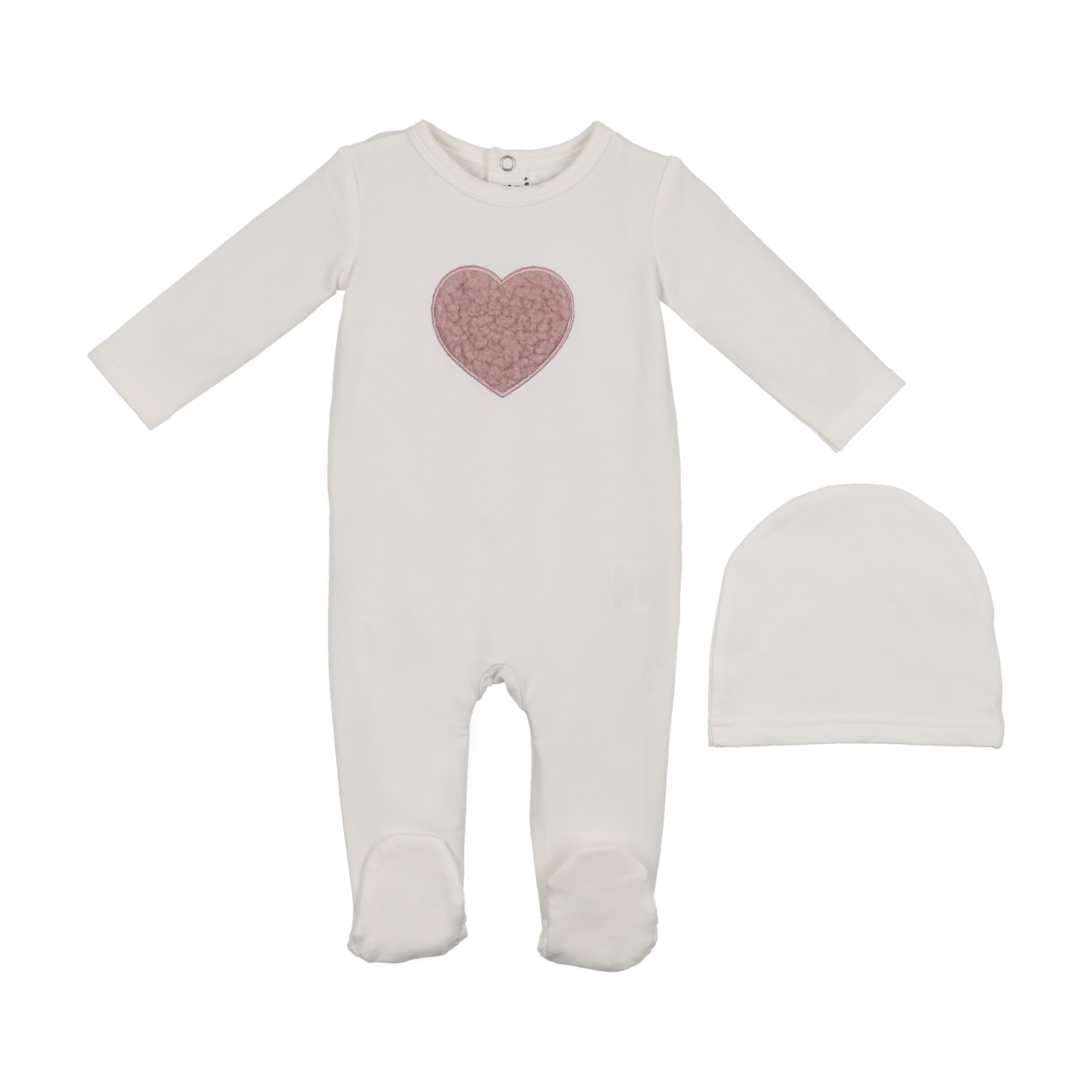 Maniere Sherpa heart white footie + beanie