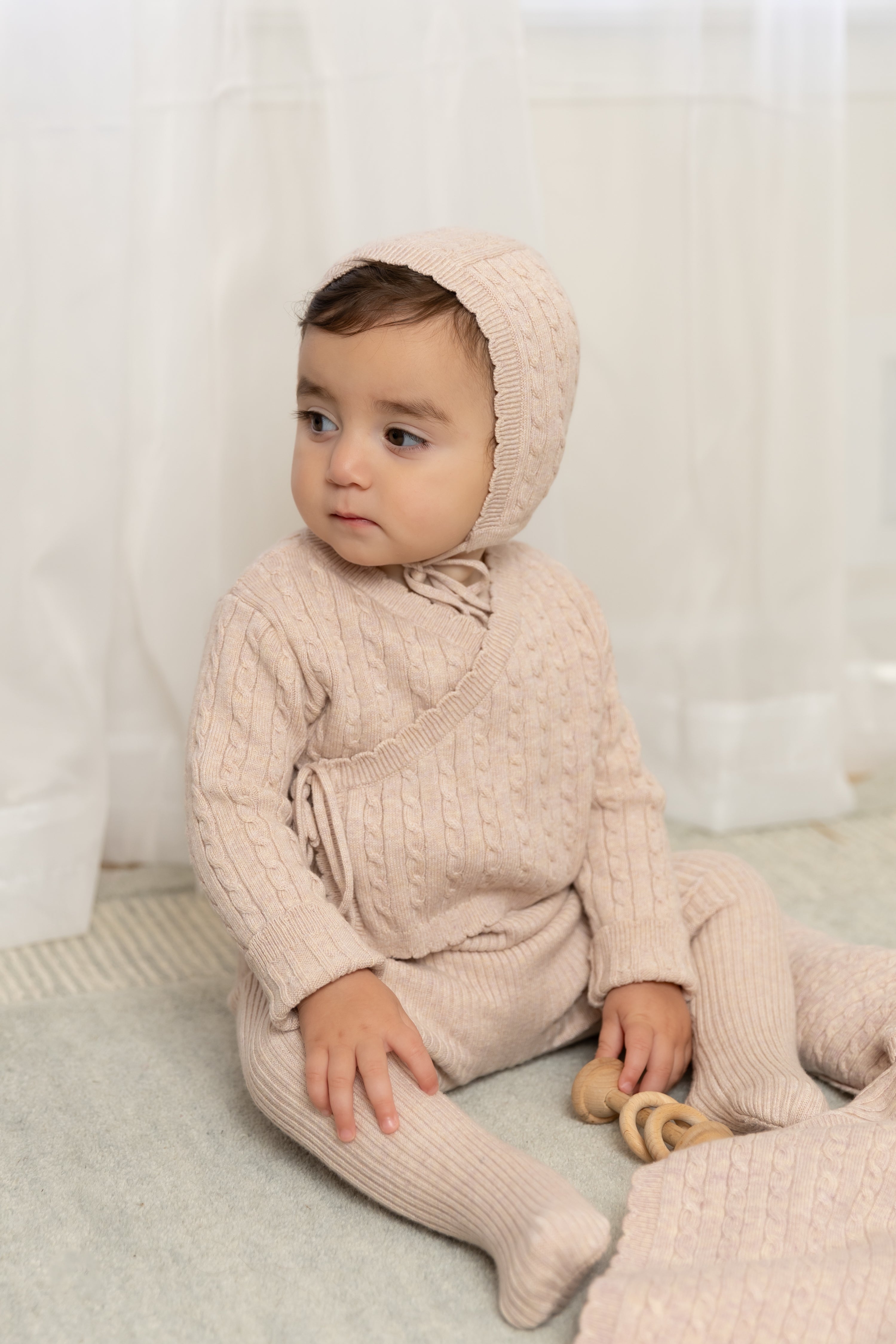 Bee & Dee Cable pink sweater footie + bonnet