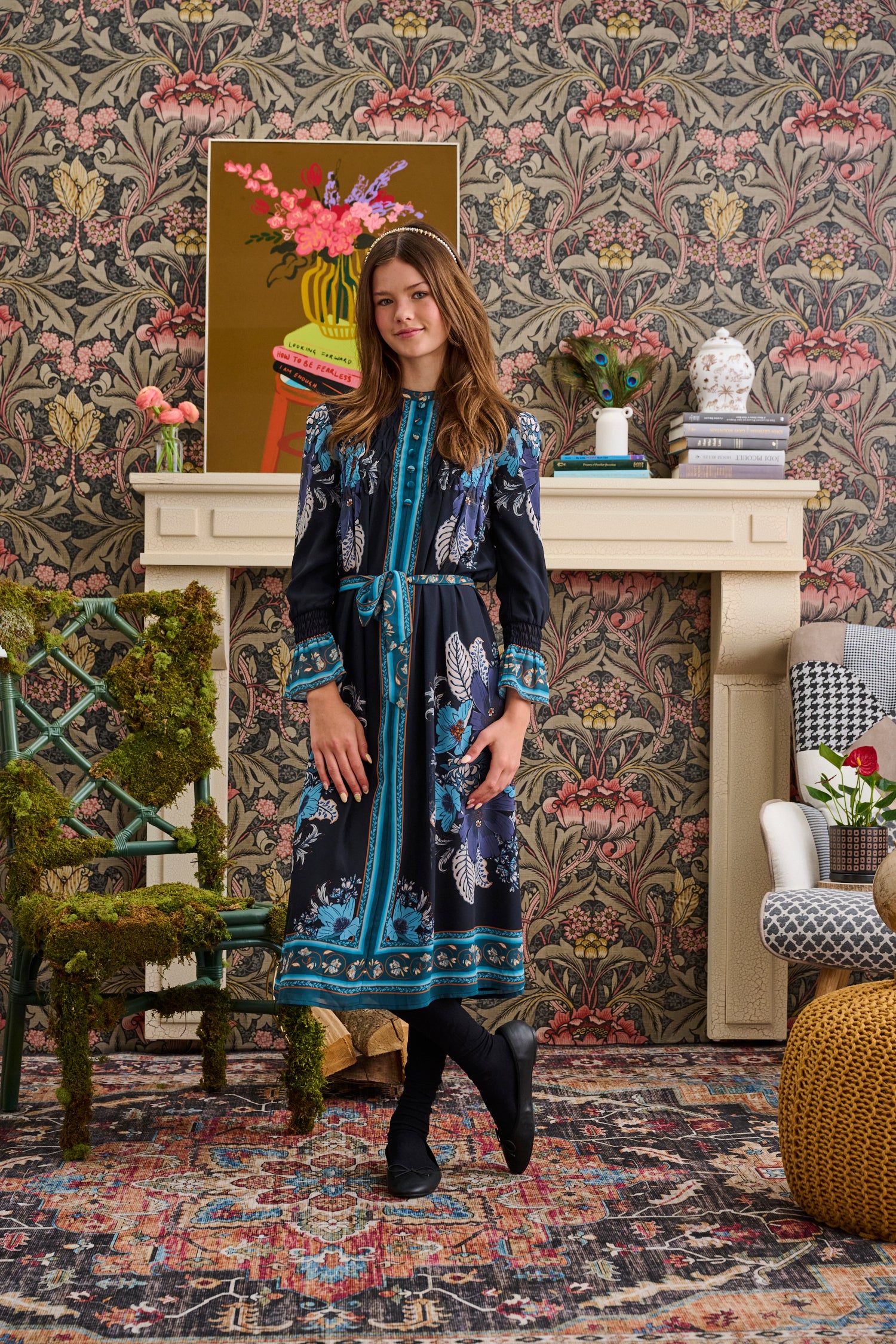 Laurent Navy chiffon floral print dress