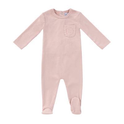 Embroidered pink pocket footie by Kipp Baby