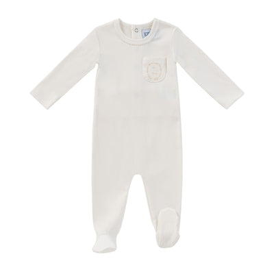 Embroidered white pocket footie + beanie by Kipp Baby