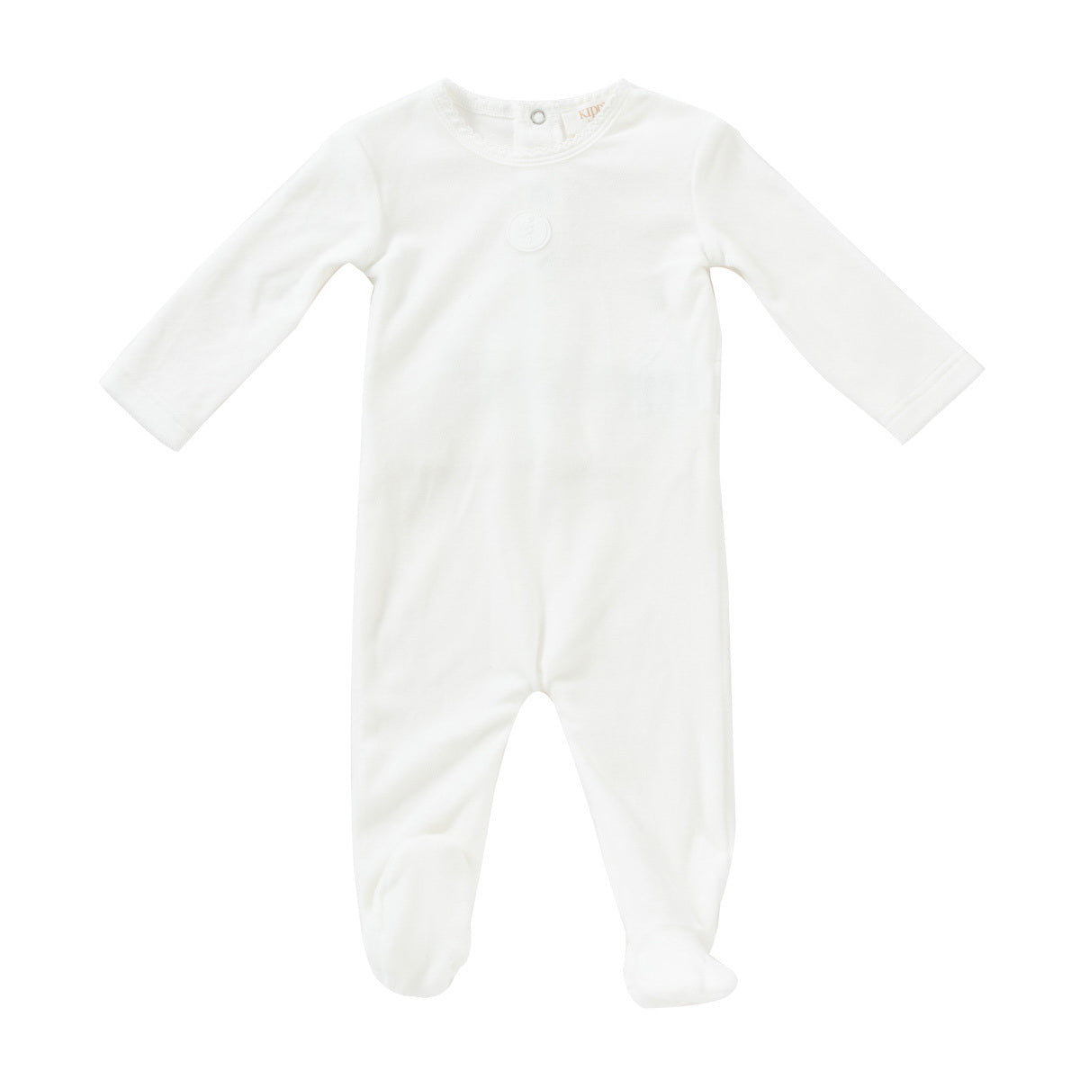 Leaf motif white velour footie + hat by Kipp Baby