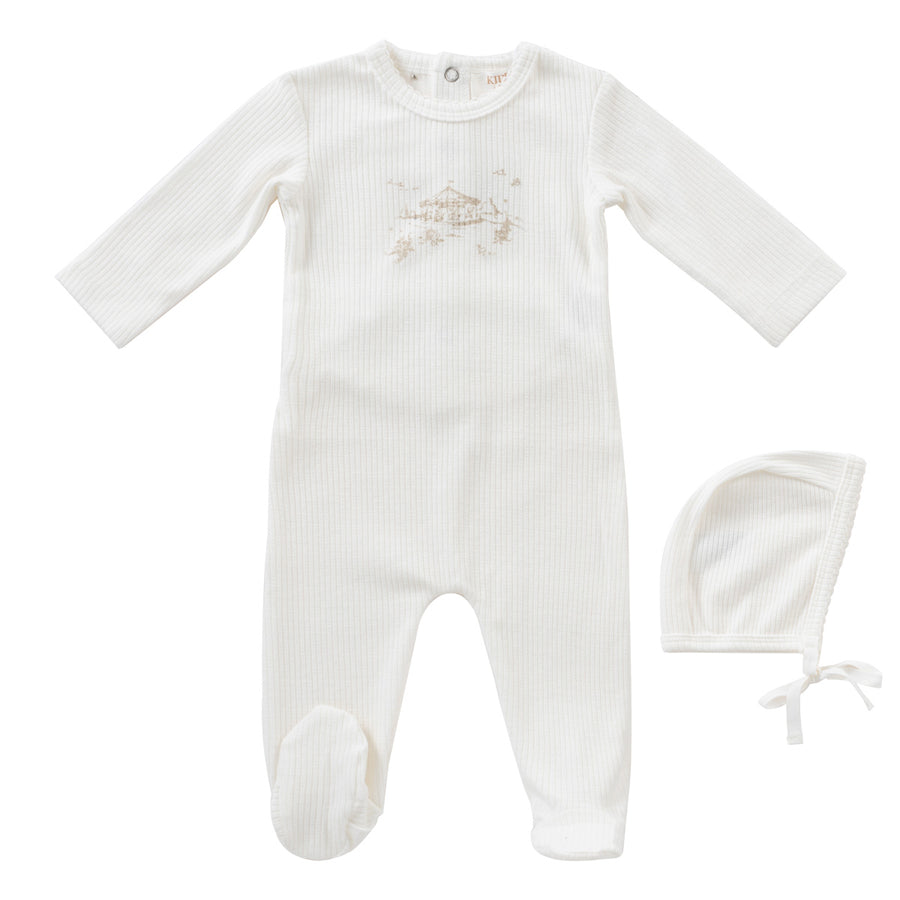 Carousel stone footie + bonnet by Kipp Baby