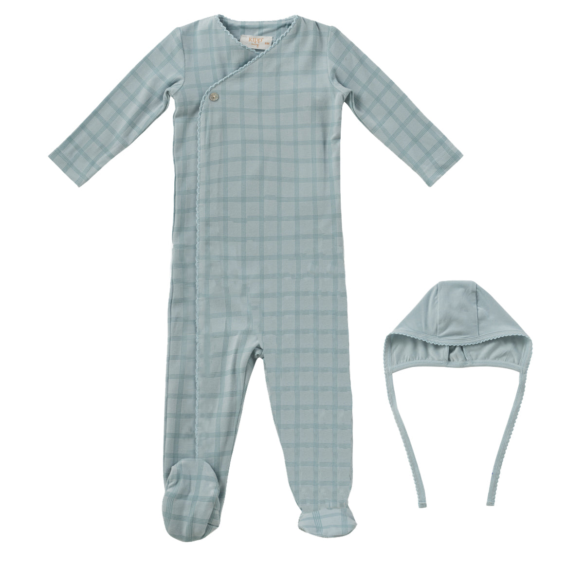 Kipp Baby Felt plaid sage footie + bonnet
