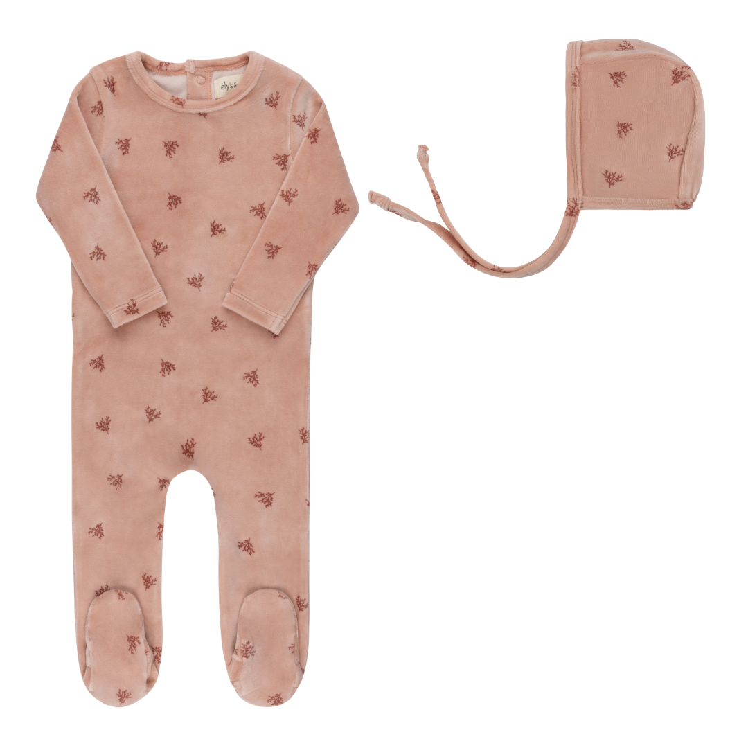 Ely's & Co Leaf pattern pink velour footie