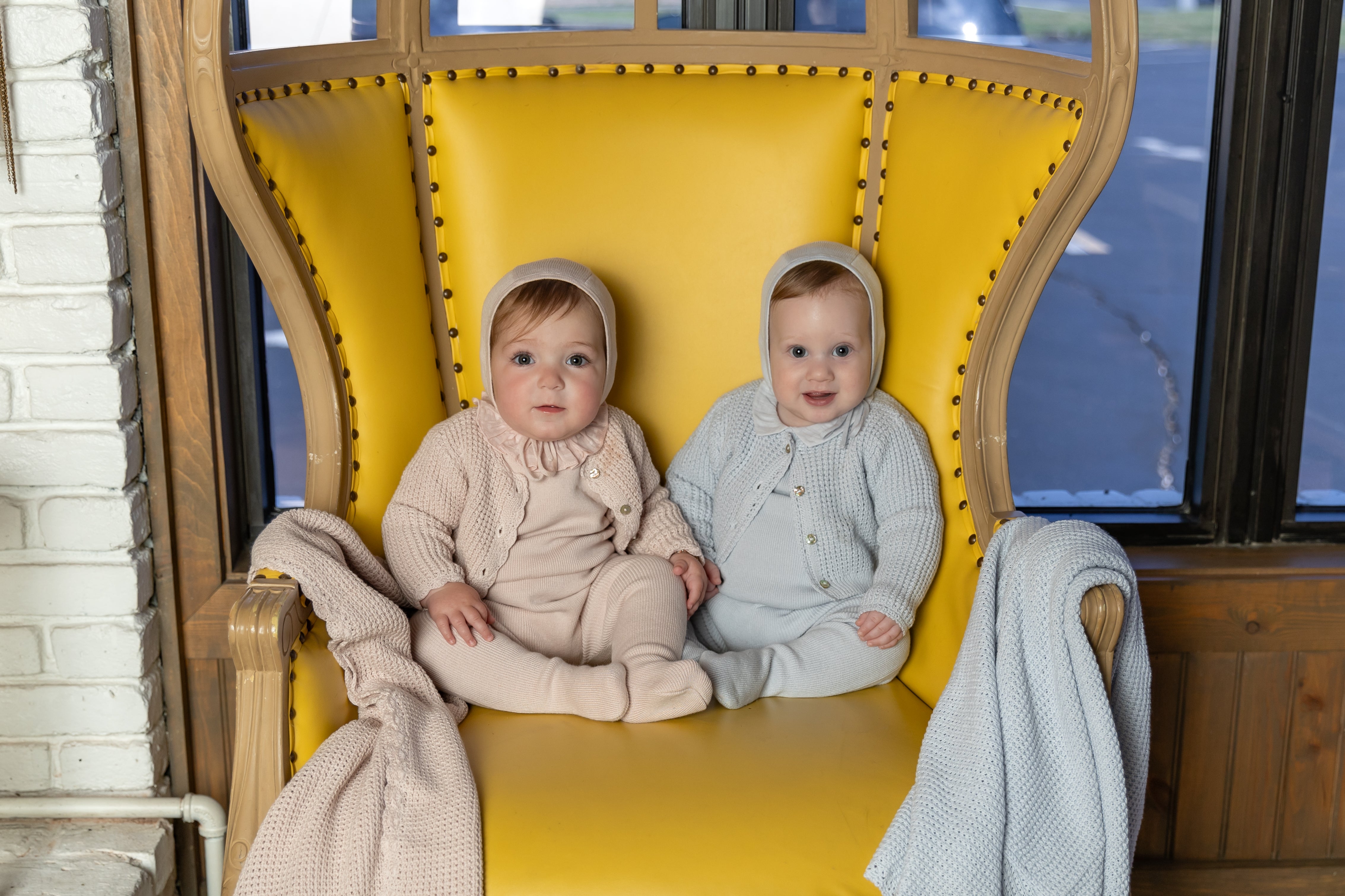 Bee & Dee Crisp blue waffle cardigan footie + bonnet