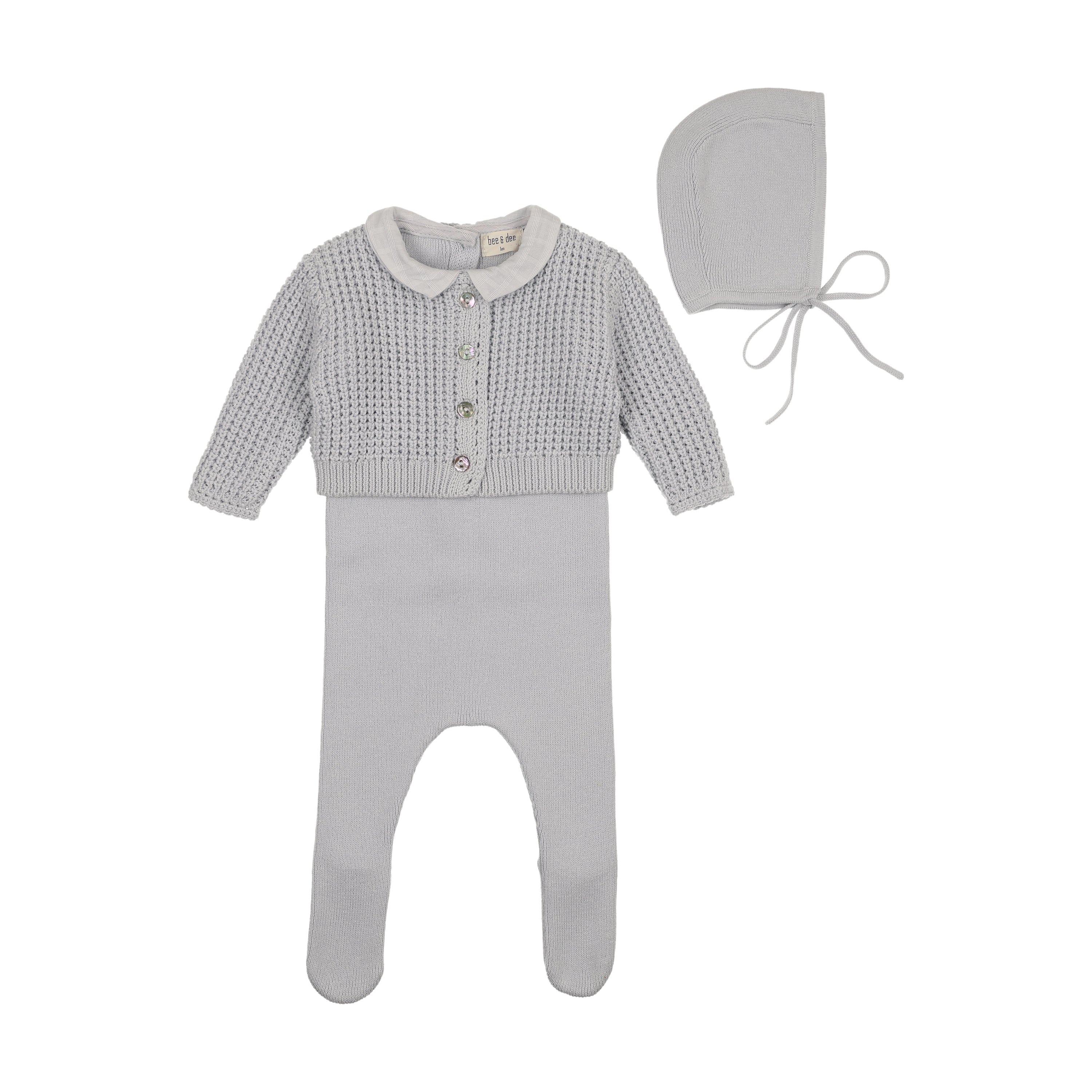 Bee & Dee Crisp blue waffle cardigan footie + bonnet