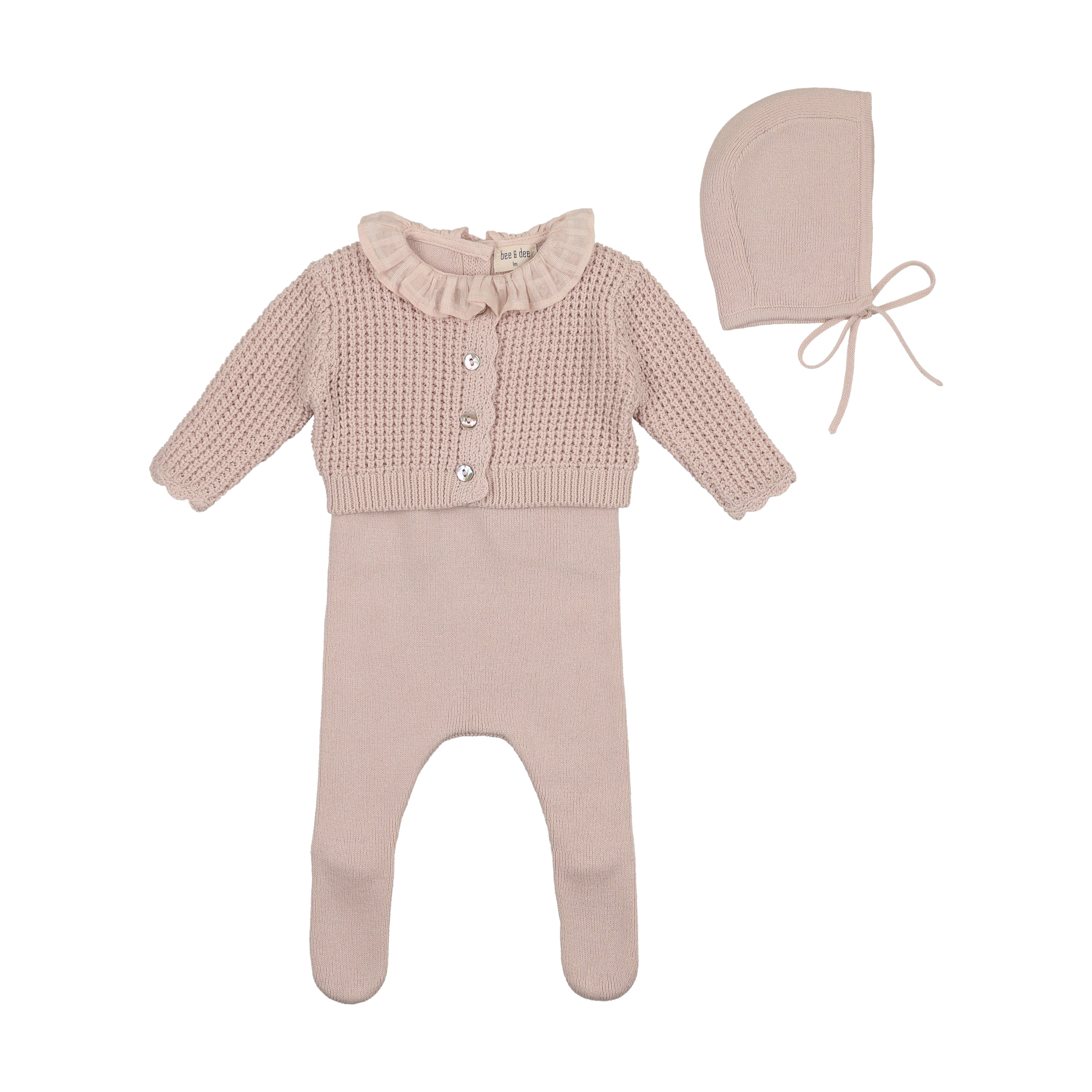 Bee & Dee Wisteria waffle cardigan footie + bonnet