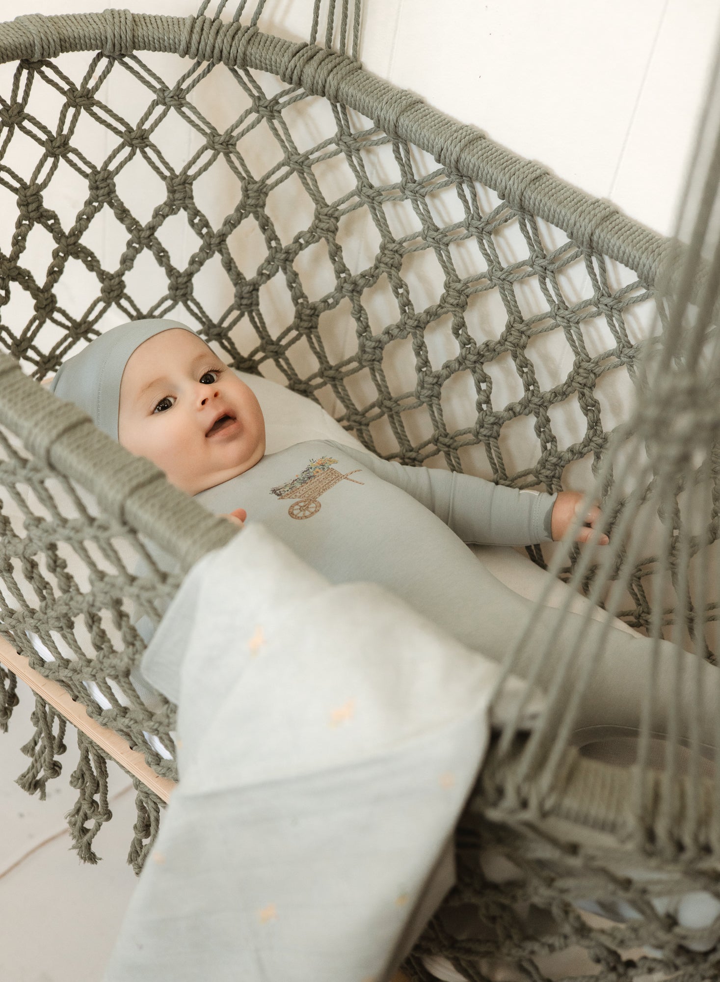 Wheelbarrow Cloud Blue Footie + Beanie by Poppeto