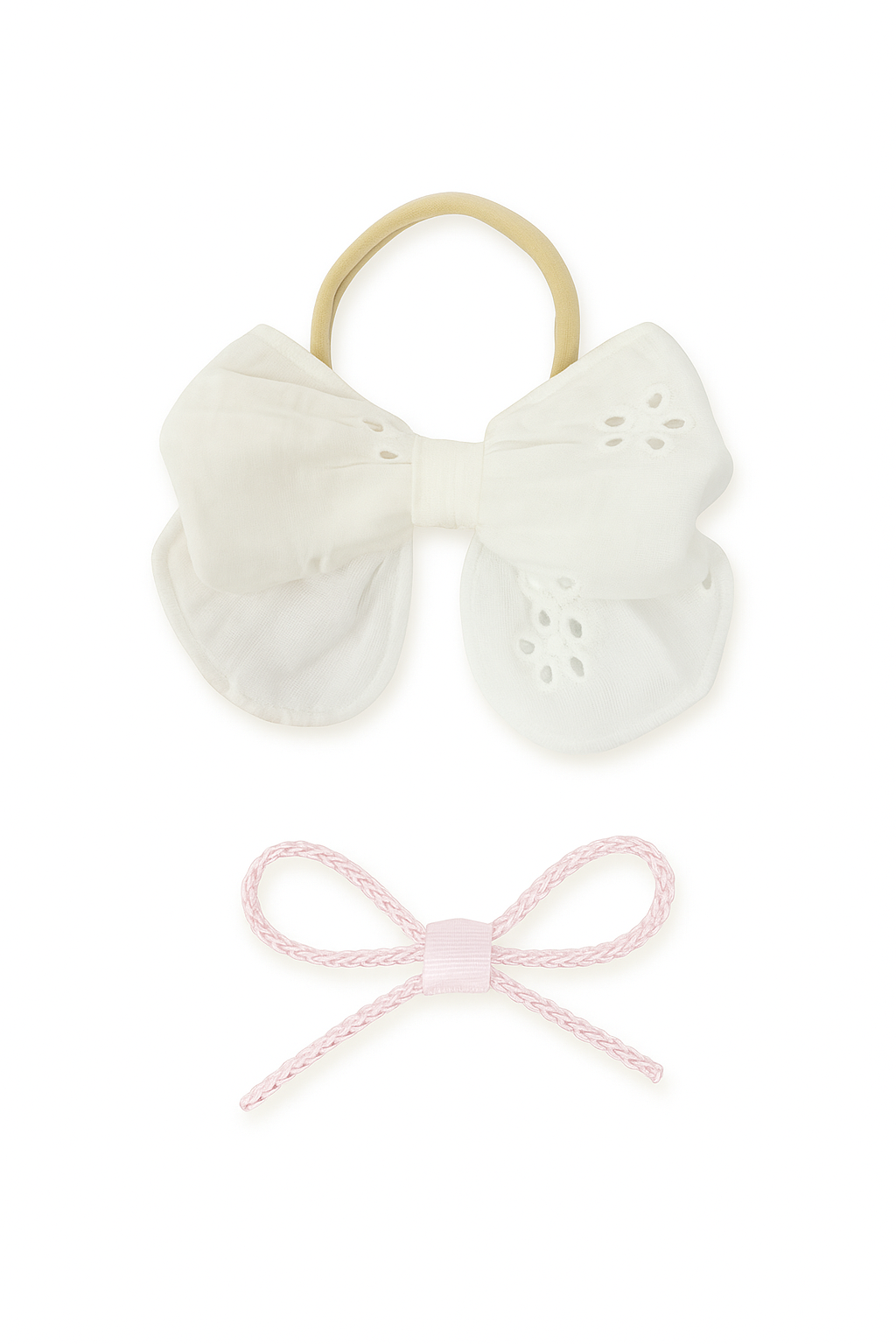 Archi Baby White eyelet + pink rope bow set