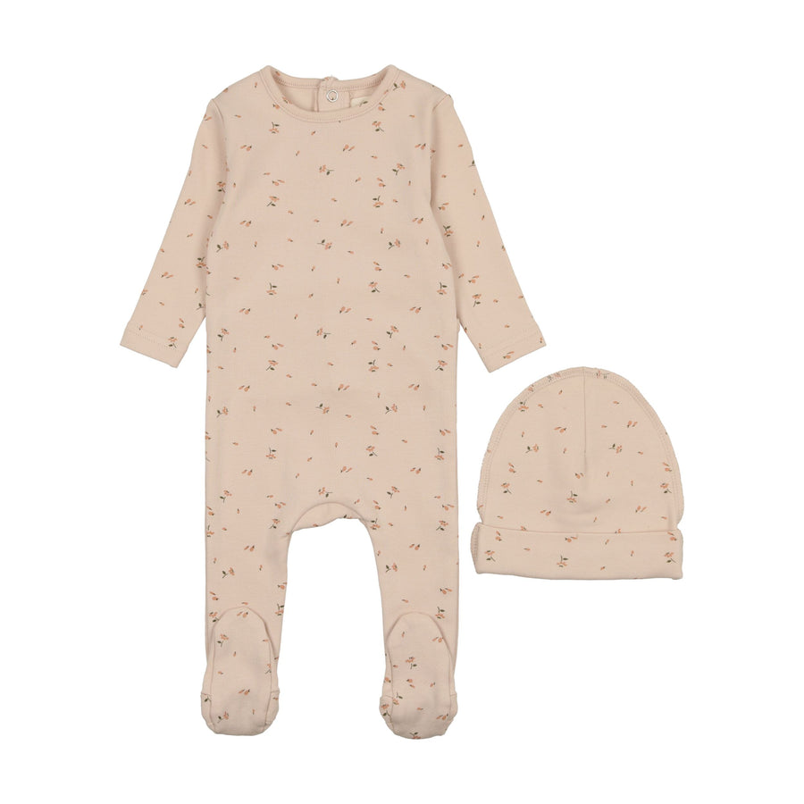 Floral pink footie + beanie by Mema Knits