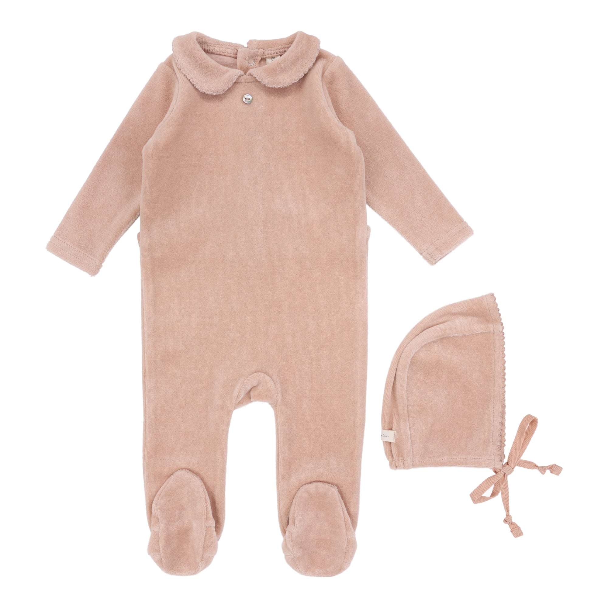 Lilette Velour Collar Footie & Beanie Set - Dusty Blue Lilette Velour Collar Footie & Beanie Set - Dusty Blue
