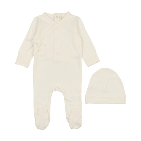 Winter white brushed cotton footie + beanie by Lilette