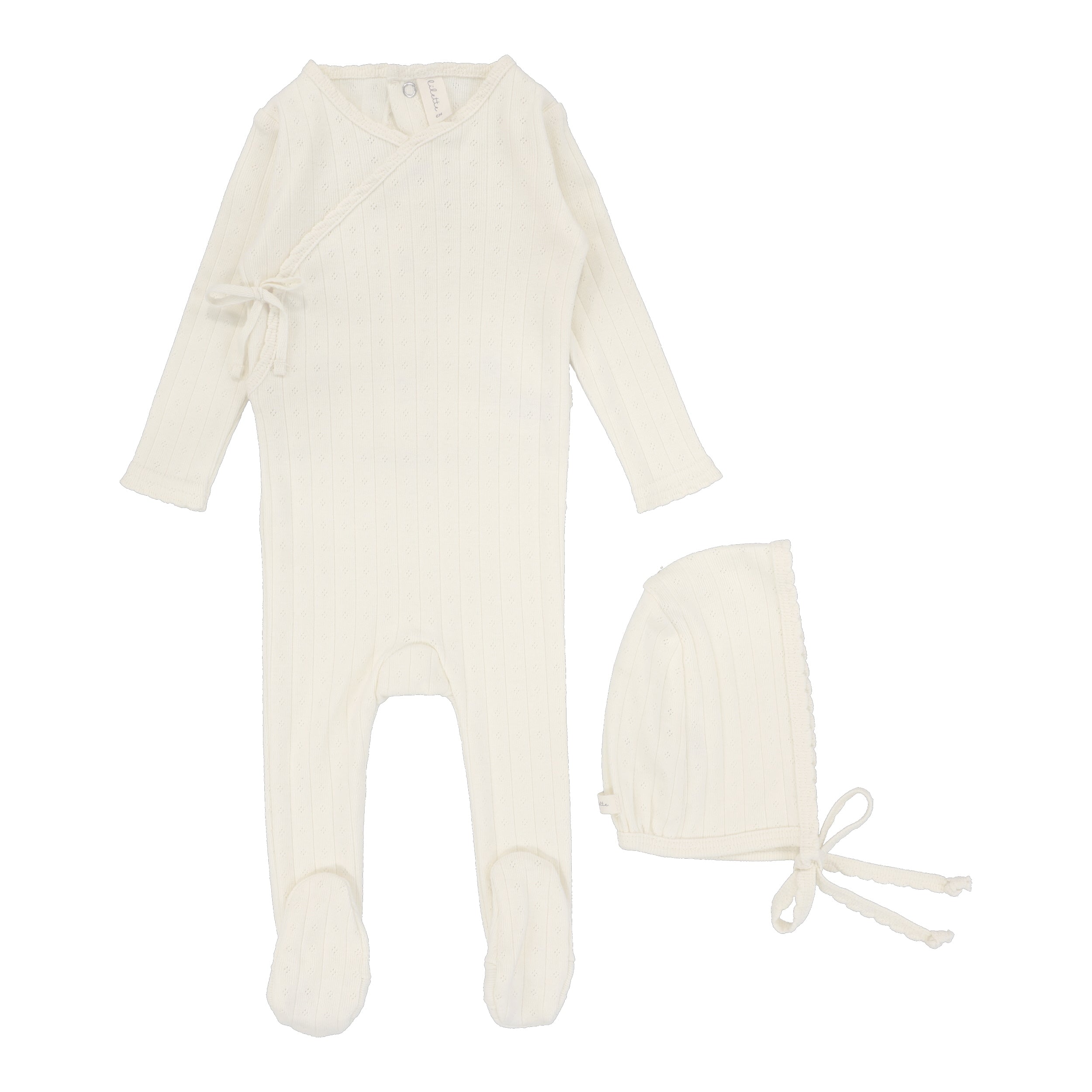 Fine pointelle cream footie set by Lilette