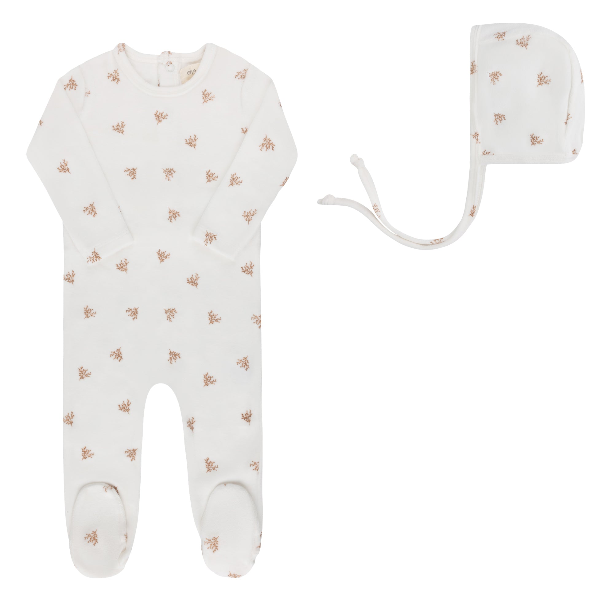 Ely's & Co Leaf pattern ivory boy velour footie + bonnet