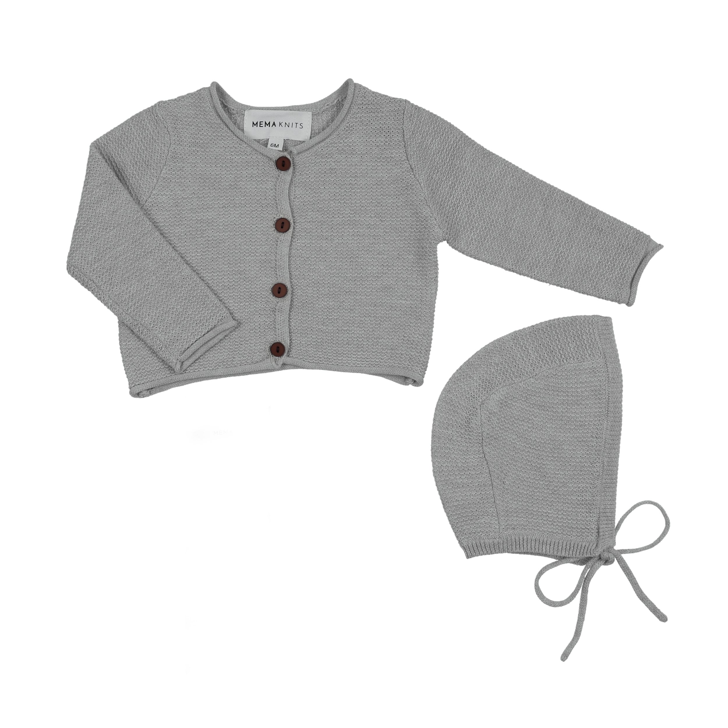 Mema Knits Cropped knit blue cardigan + bonnet