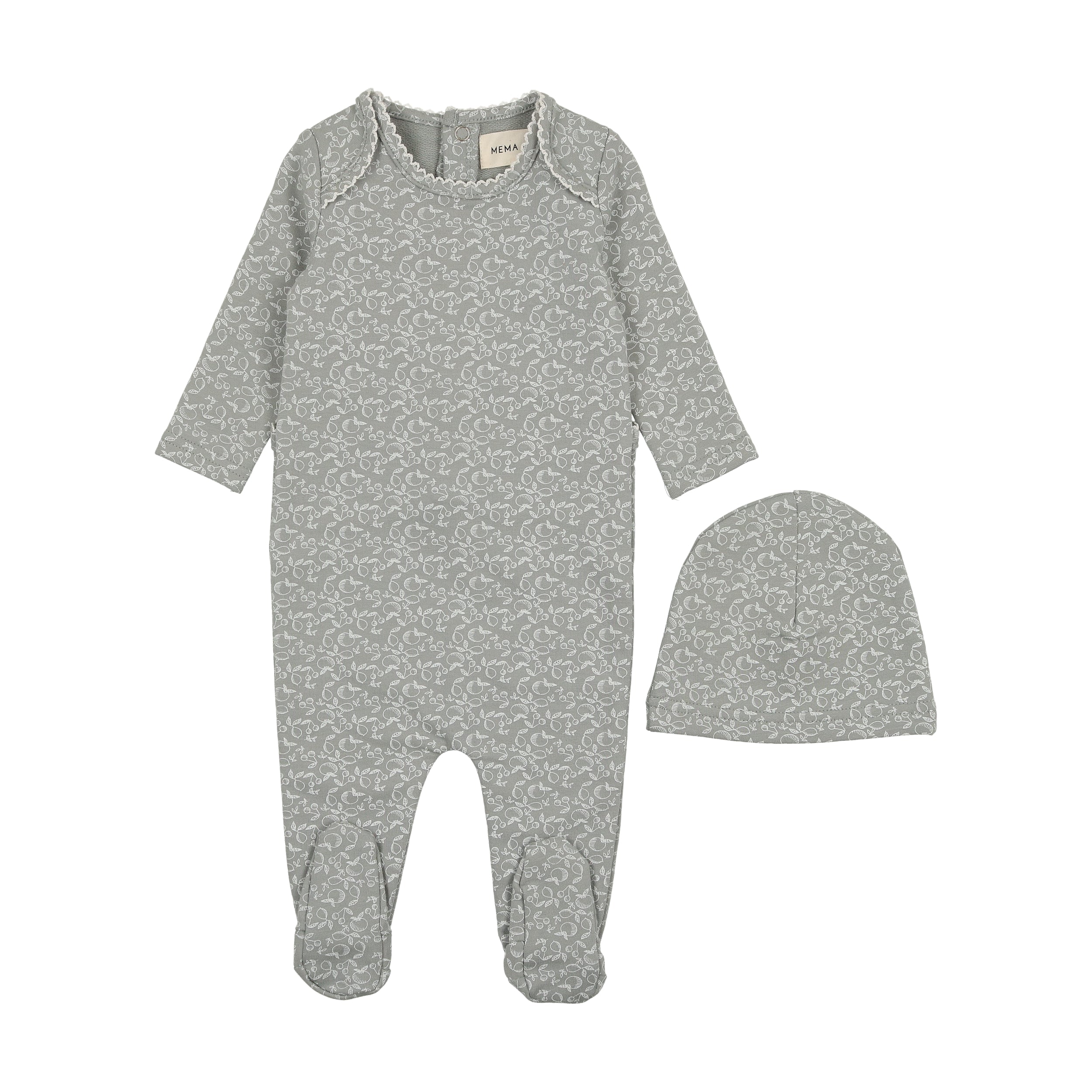 Fruit print powder blue footie + hat by Mema Knits