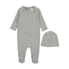 Fruit print powder blue footie + hat by Mema Knits