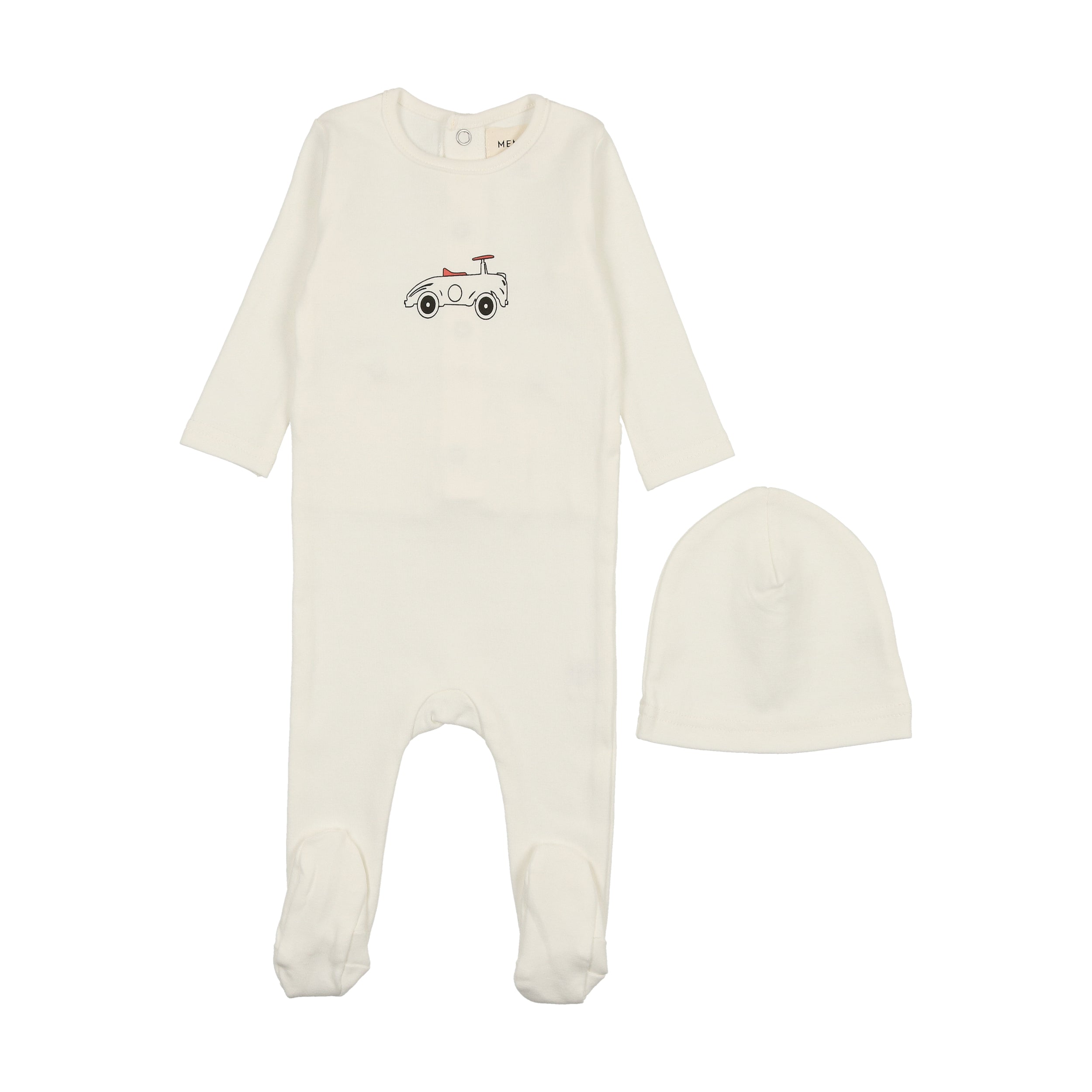 Car print winter white footie + beanie by Mema Knits