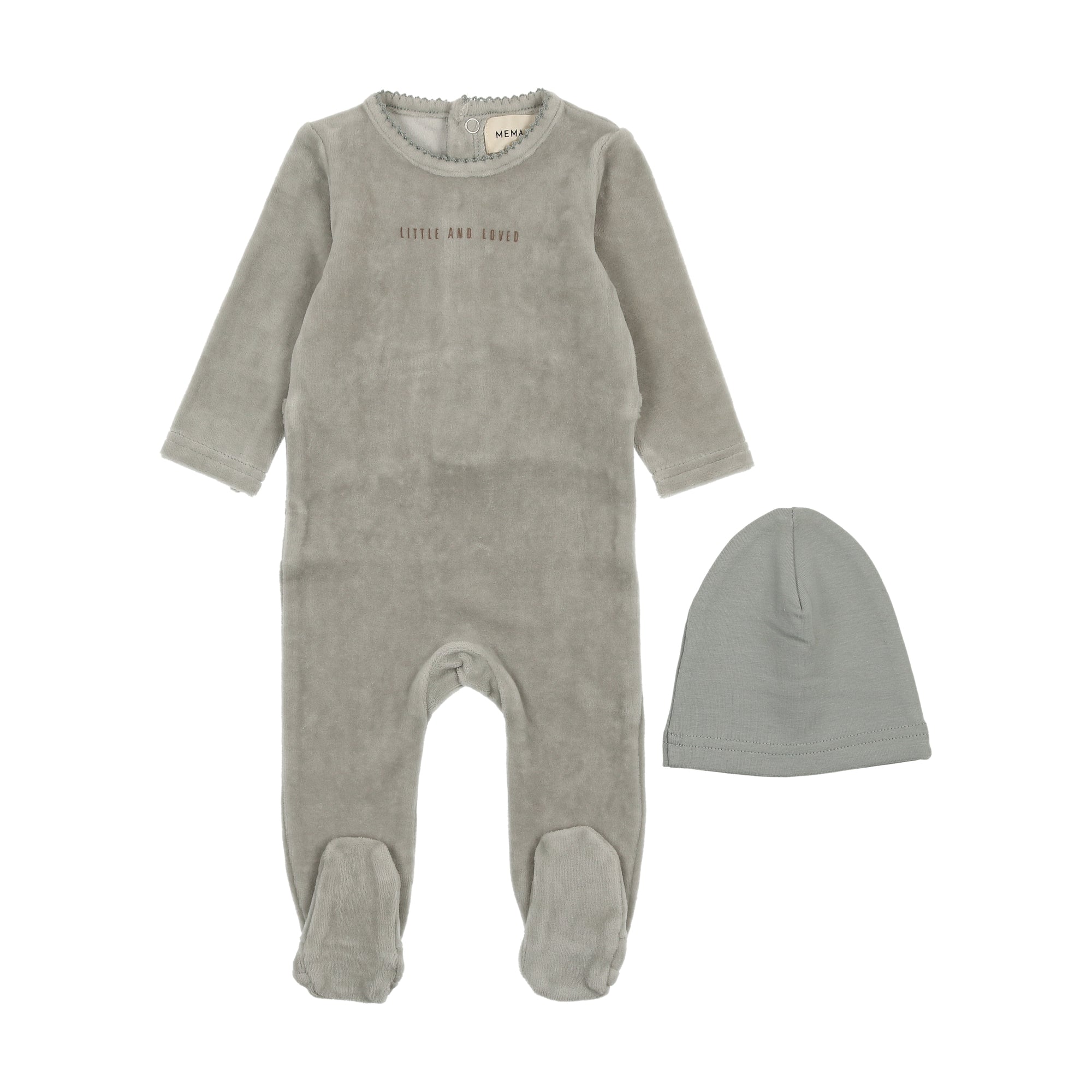 Mema Knits Gingham Footie + Beanie - Powder Blue Mema Knits Gingham Footie + Beanie - Powder Blue