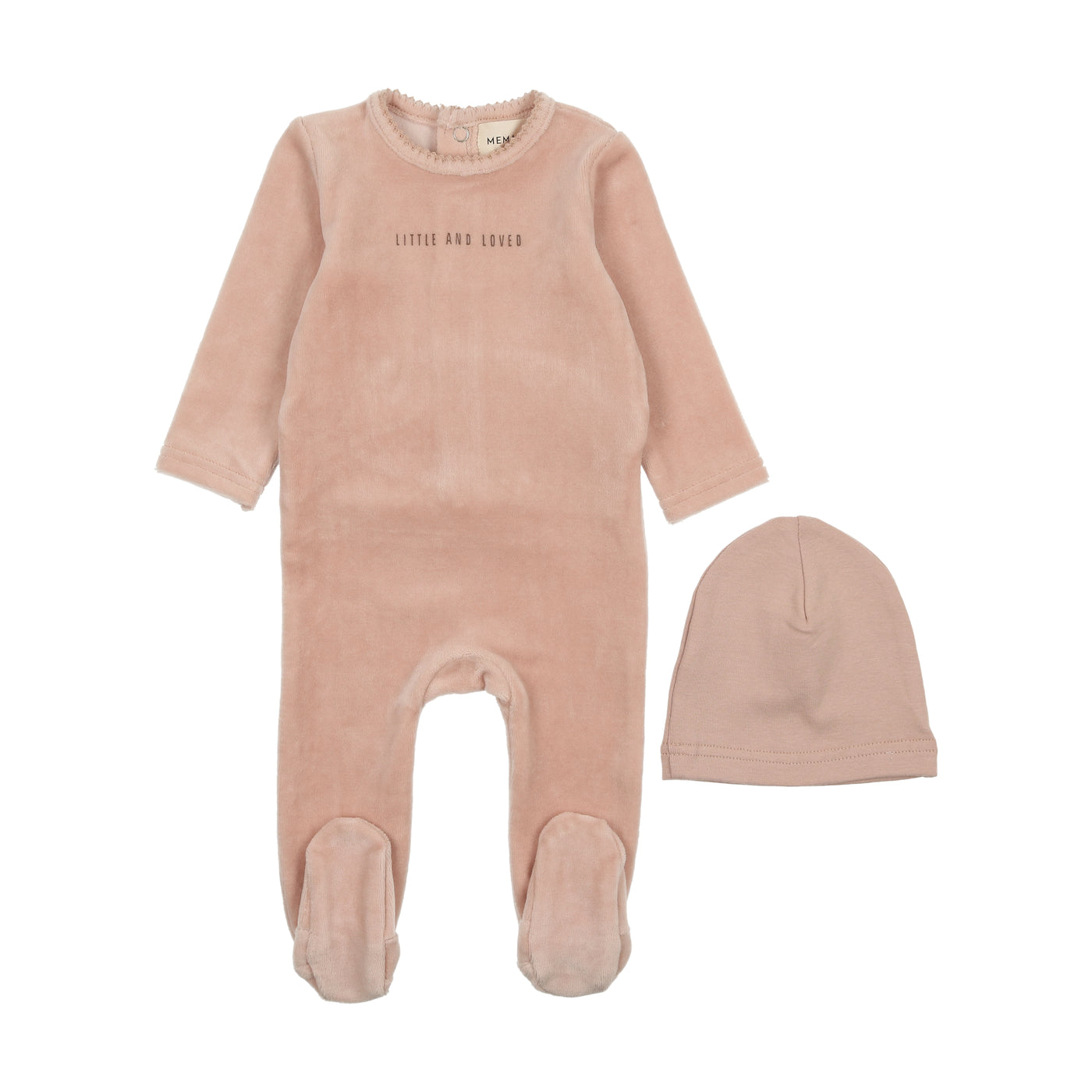 Mema Knits Little & Loved Footie + Bonnet - Powder Blue/Mink Mema Knits Little & Loved Footie + Bonnet - Powder Blue/Mink