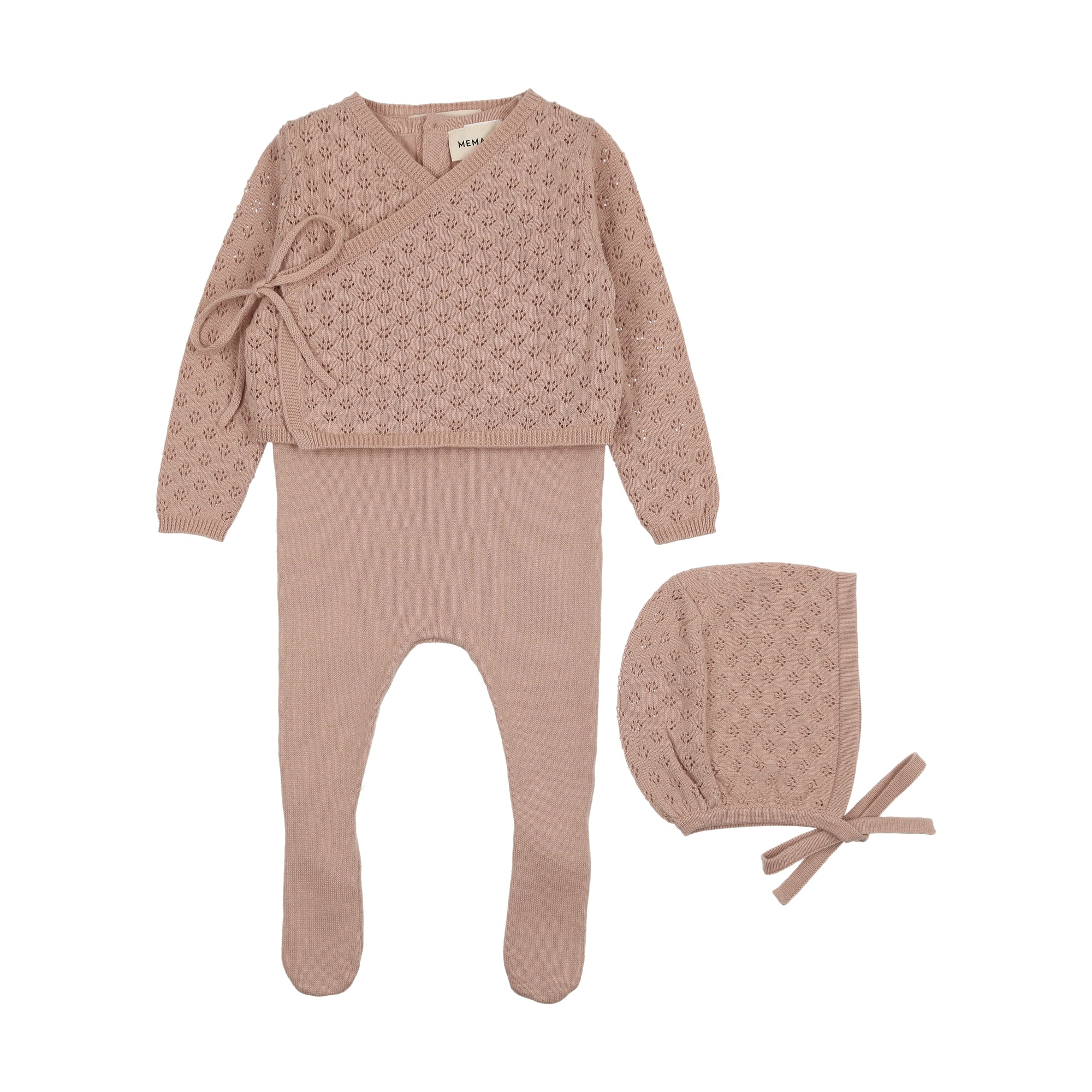 Mema Knits Knit Footie with Cropped Cardigan + Bonnet - Winter White