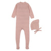 Peach dust knit bebe footie + bonnet by Mema Knits