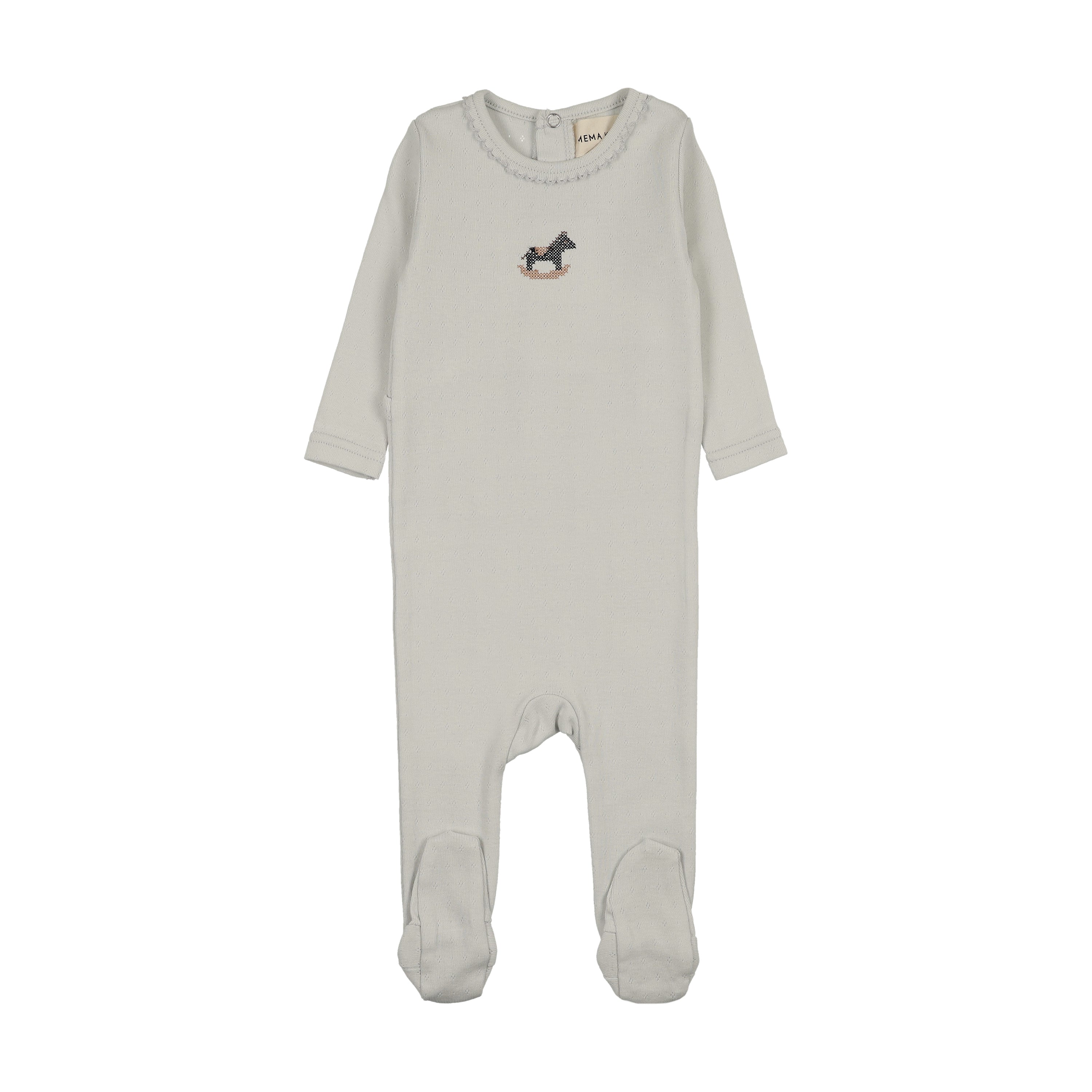 Mema Knits Pointelle blue rocking horse footie - Flying Colors