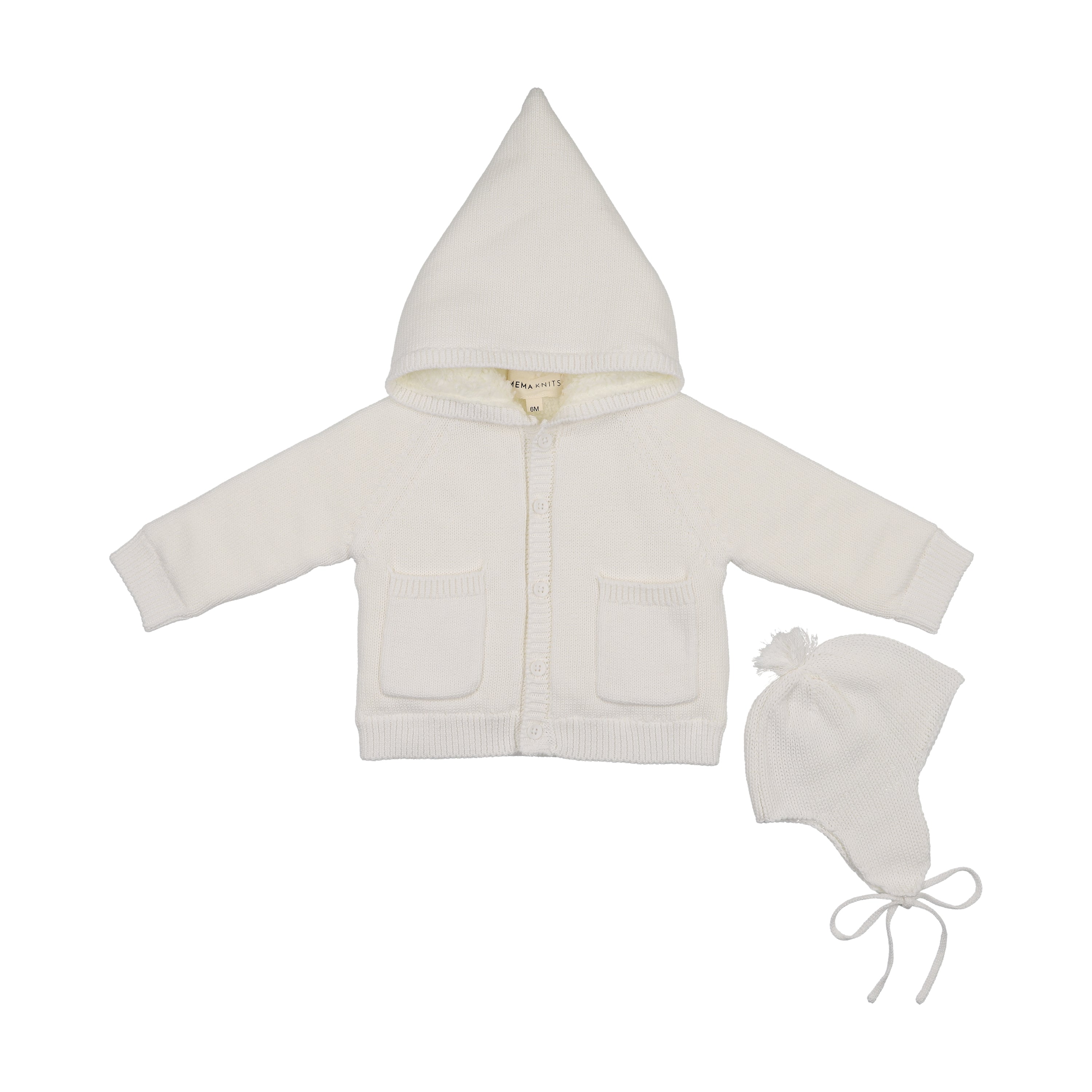Mema Knits Hooded knit white sherpa lined sweater + bonnet - Flying Colors