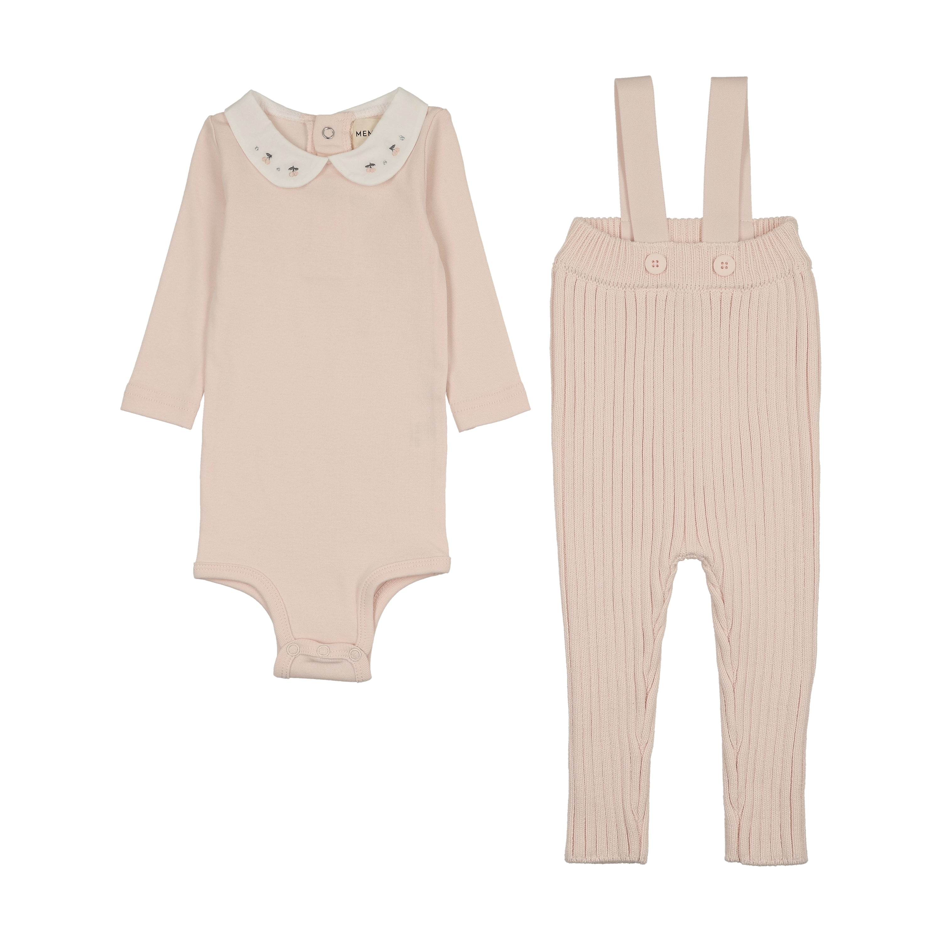 Mema Knits Embroidered collar blush onesie & overall - Flying Colors