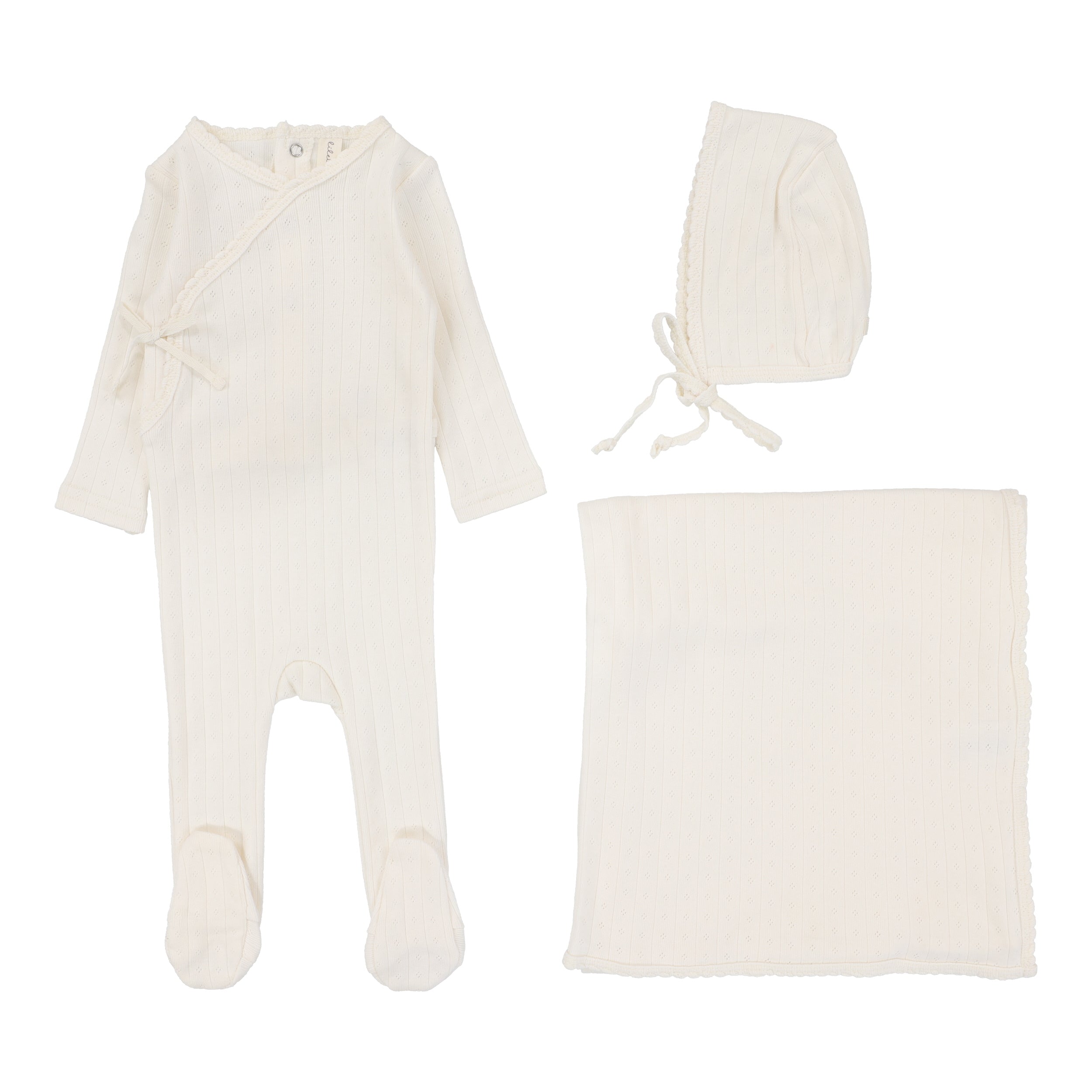 Fine pointelle cream layette set by Lilette