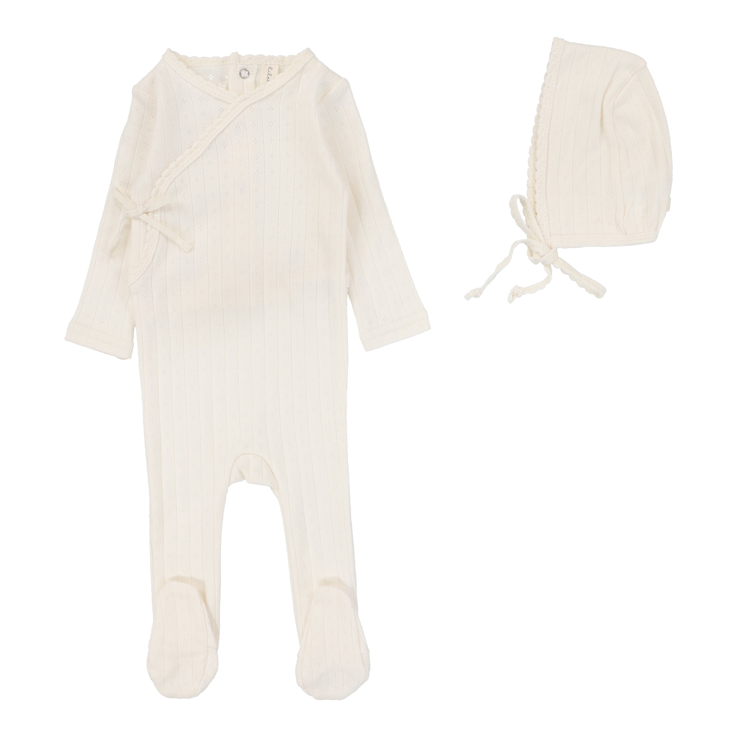 Fine pointelle cream footie set by Lilette