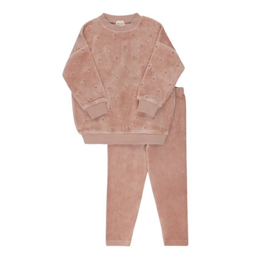 Ely's & Co Embroidered floral pink velour lounge set
