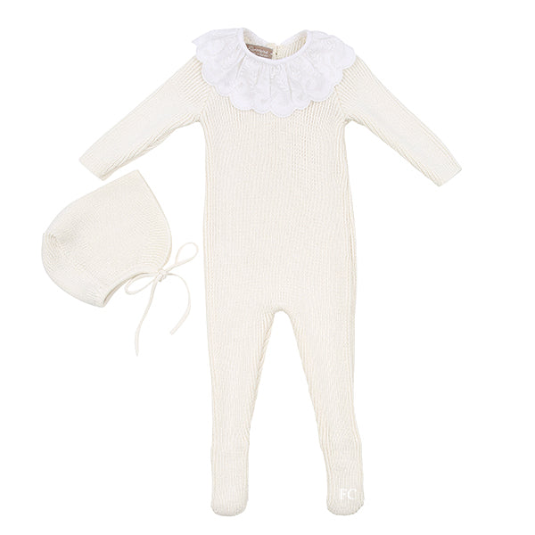 Knit Lace Scallop Collar Ivory onesie + bonnet by Carmina - Flying Colors