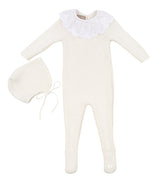 Knit Lace Scallop Collar Ivory onesie + bonnet by Carmina - Flying Colors