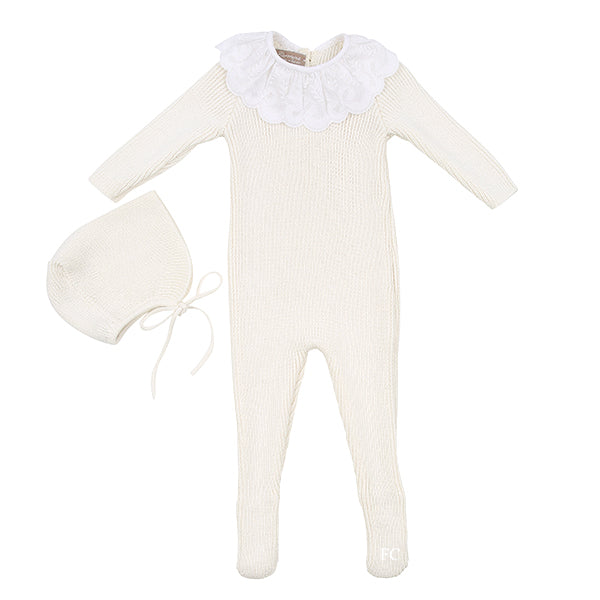 Knit Lace Scallop Collar Ivory onesie + bonnet by Carmina