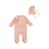 Classic velour pink sand footie with bonnet by Bee and Dee