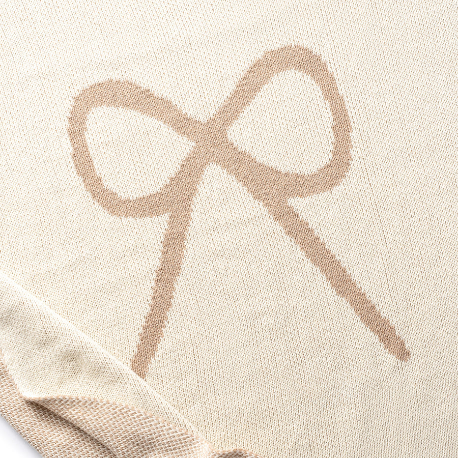 Taupe Bow Logo Knit Baby Blanket by Halo Luxe