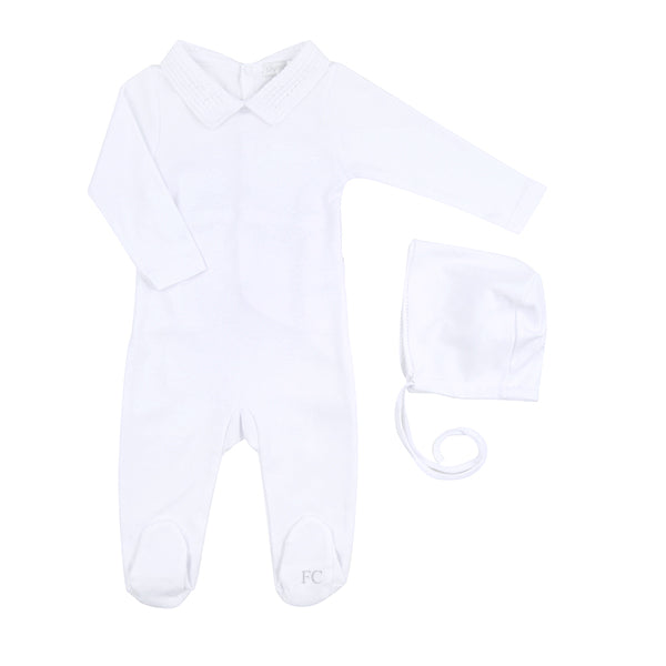 White with crochet footie + bonnet by Chant De Joie