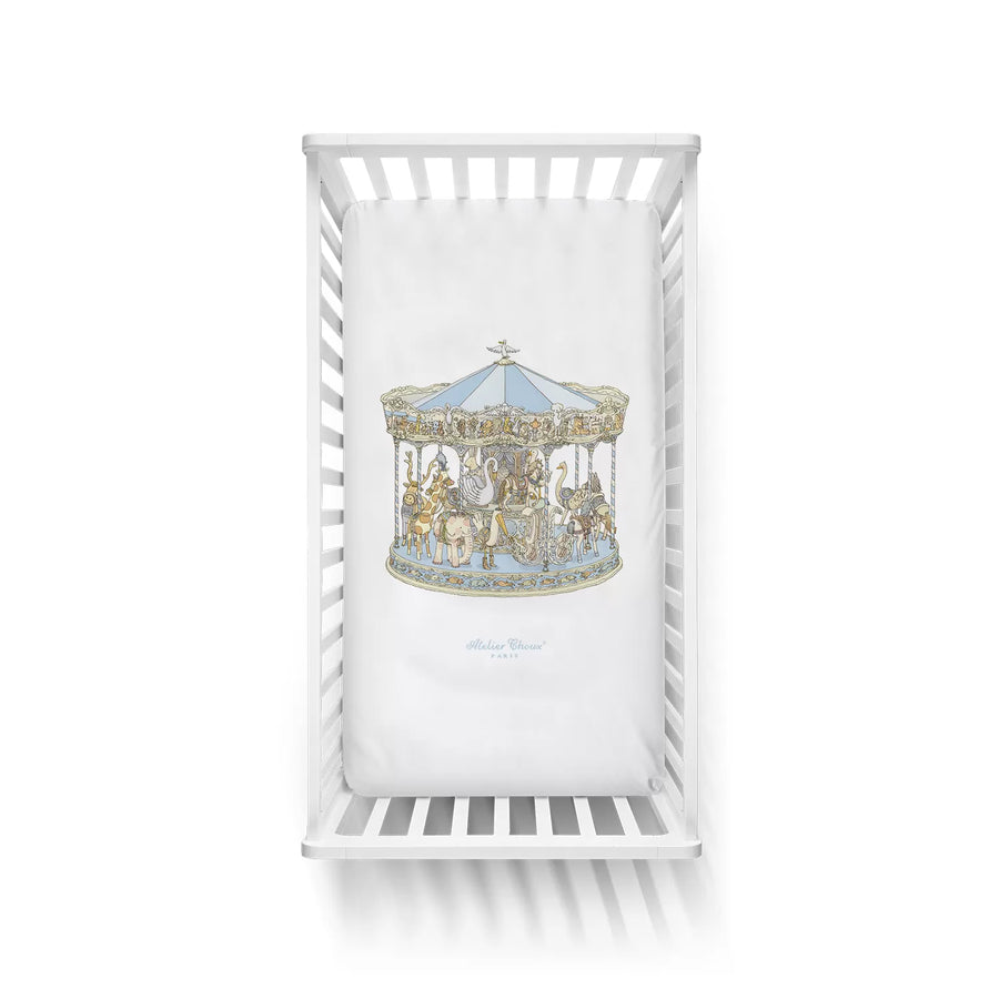 Carousel Blue Satin Fitted Sheet by Atelier Choux