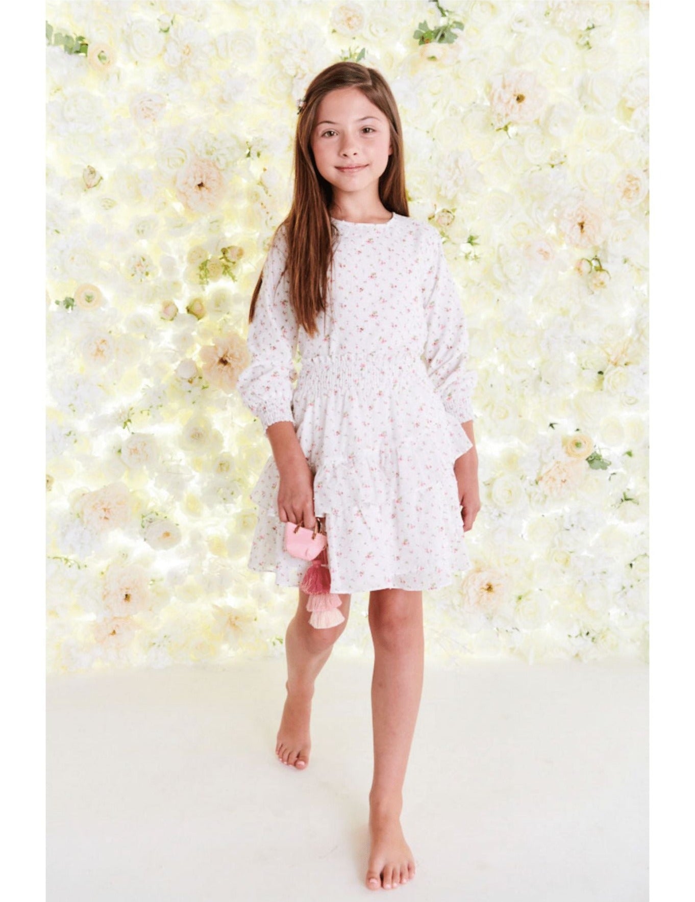 White linen with tiny rose buds tiered skirt by Porter - Flying Colors