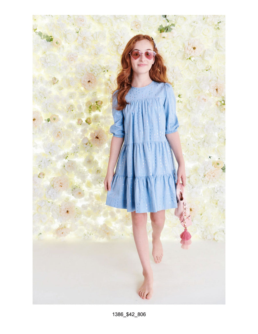 Light blue dress with colorful metallic flicks by Porter