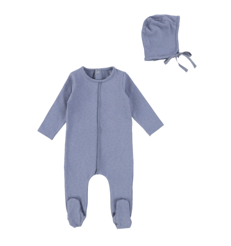 Storm blue tone on tone footie and bonnet by Bee and Dee