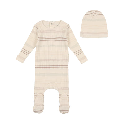 Taupe stripe footie + beanie by Bee & Dee